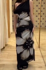 Hnewly Autumn New One - Shoulder Sleeveless Slant Neck Floral Pattern Maxi Dress for Women, Elegant Draped Bodycon Bag Hip Long Dress