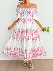 Hnewly New Elegant Floral Print Petal Short Sleeve Plus Size Long Dresses Vacation Party Elastic Bust Square Neck Female Clothing Dress