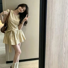 Hnewly Sweet Short Skirt Fashion Knot Summer Short Sleeve Dress Korean Style Versatile Waist Slimming New Peach Color