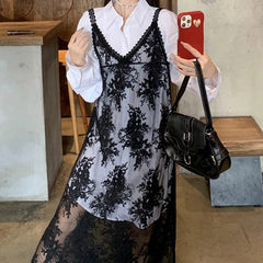 Hnewly Lace Floral Transparent Dresses Women Black Sexy Long Dress Korean Sleeveless Holiday Dress Vacation Streetwear Party