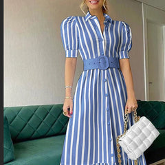 Hnewly New Womens Summer Shirt Dress with Belt White Green Short Sleeve Eelegant Long Dresses Clothing for Woman