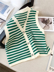 Hnewly Spring V-Neck Striped Knitted Vest Korean Hollow Out Sleeveless Top Women's 2023 Autumn Loose All-Matched Outwear Cardigan Tank