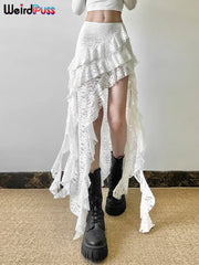 Hnewly Women Skirts Chic Irregular Hem Multi-Layered Ruffles Lace Patchwork Summer Trend Skinny Versatile Bottoms