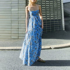 Hnewly Women Boho Graphic Print Maxi Dress Spaghetti Strap Flowy Floral Dress Summer Casual A-line Cami Dress Beach Wear