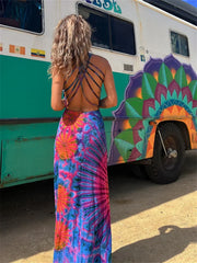 Hnewly Women Summer Casual Long Dress Tie-Dye Print U-Neck Sleeveless Dress Fashion Cross Backless Dresses Bohemian Holiday Beach