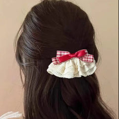Hnewly 1pc Strawberry Jam Bowknot Ruffled Hair Clip, Sweet & Cute Lace Red Plaid Bow Hair Clip for Girls, Fashion Hair Accessory