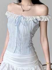 Hnewly Sweet Cute Plaid Lace Spliced Slim Fit Women Camisole Tops Bow Button Ruched Fashion Trendy Chic Blouses