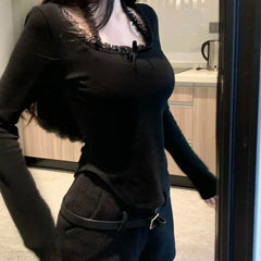 Hnewly Lace T Shirt for Women Spring Slim Crop Top Korean Halter Long Sleeve Tees Y2k Solid Ladies Tshirts Femme Bow Sweet Clothing New