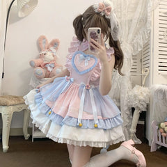 Hnewly Japanese Sweet Lolita Jsk Dress Women Kawaii Bow Mesh Ruffles Tea Party Dresses Harajuku Cute Pink Blue Princess Mini Cake Dress