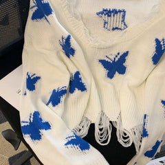 Hnewly New Women Casual Loose Jumper Korean Fashion Graphic Butterfly Knitted Sweater Woman Sweet Oversized Cropped Off Shoulder Tops