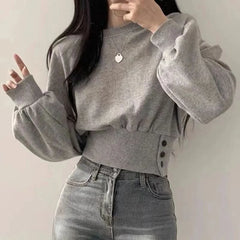 Hnewly FALL OUTFITS Autumn Women Solid O-Neck Slim Crop Top Lantern Sleeve With Button Sweat Casual Hip-Hop Sporty Pullover Sweet Chic Street Wear