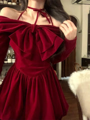 Hnewly holiday dress Winter Vintage Red Velvet Short Party Dress Woman Bow Elegant Y2k Mini Dress Lolita Kawaii One Piece Dress Korean Fashion