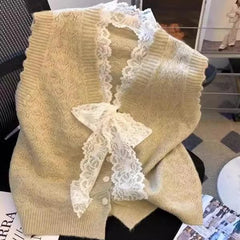 Hnewly Elegant Lace Bow Sweater Vest Women's 2025 New Spring Autumn Sleeveless V-neck Knitted Pullover Korean Version Versatile Top