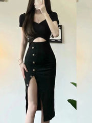 Hnewly Black Dress Women Irregular Slit Hotsweet Summer Hollow Out Elegant Bodycon Party Fashion Streetwear Daily All-match Vacation