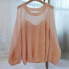 Hnewly Semi Sheer Mohair Knit Sweater for Women See-through Bell Sleeve Crewnek Pullover Women Spring Autumn Teen-girl Faircore Outfit