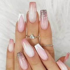 Hnewly 24Pcs Pink Glitter False Nails White Gradient Long Ballet with Heart French Design Wearable Fake Nails Press on Nails Tips Art