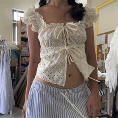 Hnewly y2k Tank Top Women Coquette Clothes Ruffle Trim Hollow Out Square Neck Sleeveless Tie Up T Shirt 2000s Vest Streetwear