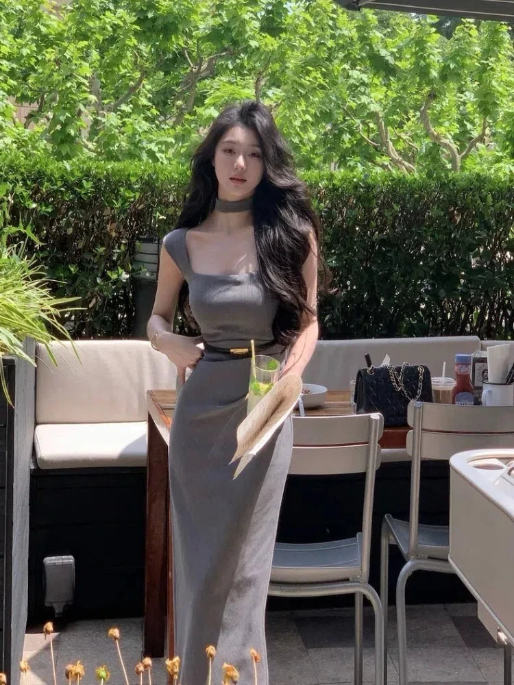 Summer New Korean Elegant Sex Appeal Dresses Simple Solid Color Evening Party Prom Vestidos Women Chic One Piece Clothing