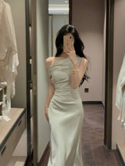 Hnewly Elegant Evening Party Satin Long Dresses for Women 2024 Summer New Pink Birthday Robe Sexy Slash Sleeveless Slim Female Clothing