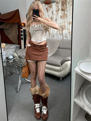 Hnewly Cutenew Fashion Hottie 2 Piece Set Women Ruched Double-Breasted Camisole+Patchwork Peach Hip Skirts Matching Skinny Street Suits