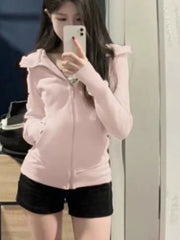 Hnewly 2025 Autumn New Cardigan Coat Women Y2k Slim Fit Black Hooded Sweatshirt Fashion All-match Long Sleeve Zipper Tops Mujer Jacket