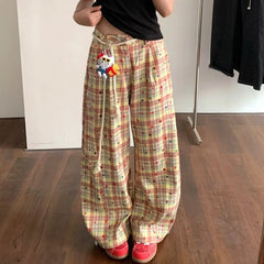 Hnewly Retro Plaid Patchwork Casual Pants Women Summer High Waist No Pendant Loose Wide Leg Pants Y2K Korean All Match Jogging Trousers