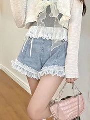 Hnewly Japanese Sweet Lace-up Denim Shorts Women Summer Lace Ruched Elegant Jeans Female Korean Fashion Bow Hight Waist Shorts New