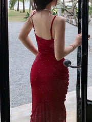 Hnewly NEW YEAR DRESS TO IMPRESS Women Sexy Spaghetti Strap Sleeveless Red Dress Female Backless Mermaid Midi Dresses Vestidos