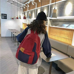 Hnewly Vintage Red School Bag Women Casual Patchwork Backpack Large Capacity High-school Students Book Bags Girls Travel Backpacks
