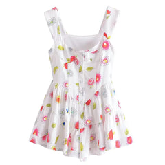 Lunivop Summer U Collar White Print Flower Sleeveless Bodysuits Women Ruched Ruffles Hem Skirt-shorts Jumpsuit Tank Romper Overalls