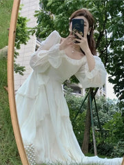 Hnewly New Vintage Fairy Chiffon Long Dress Women White Elegant French Party Midi Dress Puff Sleeve Casual Women's Clothing