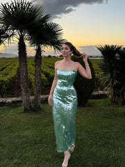 Hnewly Fashion Sequined Strapless Long Party Dress Women Slim Sleeveless Backless Female Dresses Autumn Winter Lady Evening Robes