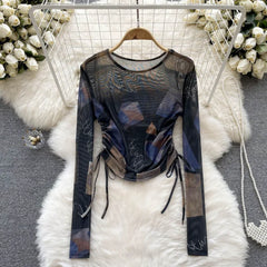 Hnewly Sexy Harajuku Tie Dye Drawstring Mesh Sheer Tops Long Sleeve Thin T Shirt Printed Slim Tops Summer Casual T Shirt Blouses Women