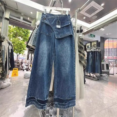 Hnewly Korean Style Fashion Vintage Washed Denim Pants High Waist Irregular Jeans for Women Loose All-match Wide Leg Trousers