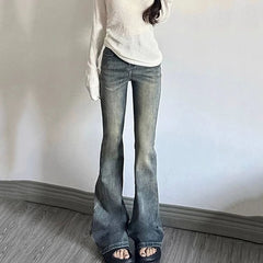 Hnewly Vintage High Waist Flared Jeans for Women Streetwear Elastic Slim Fit Bell Bottom Pants Woman Korean Ins Baggy Denim Trousers