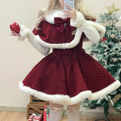 Hnewly Christmas Outfits Sweet Lolita Style Dress Sets Women Elegant Bow Plush Shawl Short Jackets Mini Skirts Suit Kawaii Christmas New Year 3 Piece Set