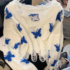 Hnewly New Women Casual Loose Jumper Korean Fashion Graphic Butterfly Knitted Sweater Woman Sweet Oversized Cropped Off Shoulder Tops