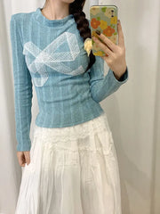 Hnewly Korean Style Y2k Knitted Pullover Women Bow Lace Long Sleeve Sweaters Harajuku Vintage Patchwork Knitwear Pullovers