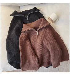Hnewly Half Zip Collar Sweater Women Pullovers Soft Knitted Long Sleeve Short Jumper Fall Winter Teen-girl Korean Fashion Outfit