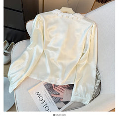 Hnewly Elegant Satin Spliced Lace Shirt Women French Style Summer 2025 Doll Collar Pearl Single Breasted Light Luxury Long Sleeve Tops
