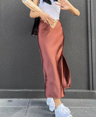 Hnewly Silk Satin Skirts for Women 2024 Summer Casual Style A-line Solid Color Elastic High Waist Side Slit Champagne Skirt