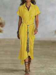 Hnewly Elegant High Waist Commuting Long Dress Spring Summer Women Lapel Short Sleeved Dress Casual Single Breasted Lace Up Shirt Dress