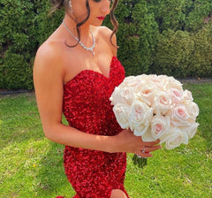 Hnewly Sexy Mermaid Burgundy Formal Evening Dresses Strapless Sequined High Slit Dubai Party Prom Gowns Robes