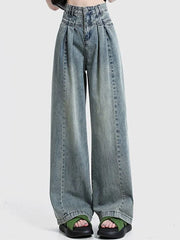 Hnewly Women Korean Pleated Jeans Girls High Waist Washed Wide Leg Pants Lady Fashion Loose Retro Blue Light Blue Denim Trousers