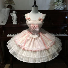 Hnewly Japanese Style Kawaii Cosplay Lolita Dress Women Vintage Sweet Lace Bow Ruffles Cake Dresses Harajuku Y2k Slim Bandage Dress