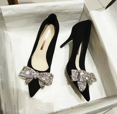 Hnewly New Fashion Bowknot Pointed Toe High Heels Pumps Women's Stiletto White Pearl Bridal Wedding Shoes Banquet Party Dress Shoes