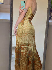 Hnewly DRESS TO IMPRESS Vintage Printed Straight Dress Slim Slash Neck Sleeveless Maxi Dresses For Women 2024 Summer Fashion Streetwear Ladies