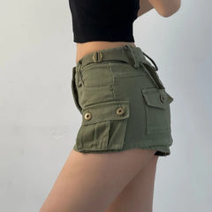 Hnewly Denim Cargo Mini Skirt Women Korean Style Low Waist Slim Sexy Vintage Streetwear Green Jean Skirt Y2k Girl Summer
