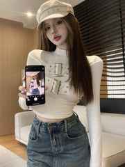 Hnewly Chic Buckle Long Sleeve T-Shirts Women Fashion Solid Simple Slim All-match Basic Tops Ladies Hot Half High Collar Hole Ins New