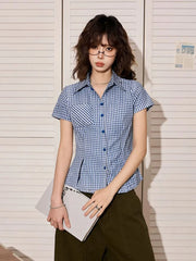 Hnewly Vintage American Plaid Shirt Women Slim Preppy Style Short Sleeve Blouse Casual Pocket Retro Female Single Breasted Tops
